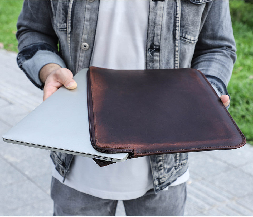 Retro Crazy Horse Läder Notebook Dragkedja datorväska