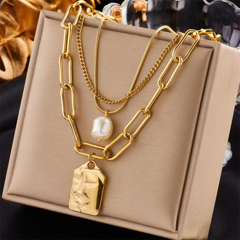 Modesmycken Layered Face Porträtt Kedja Choker Halsband För Kvinnor Eleganta Pärlor Hänge Halsband Smycken Tillbehör