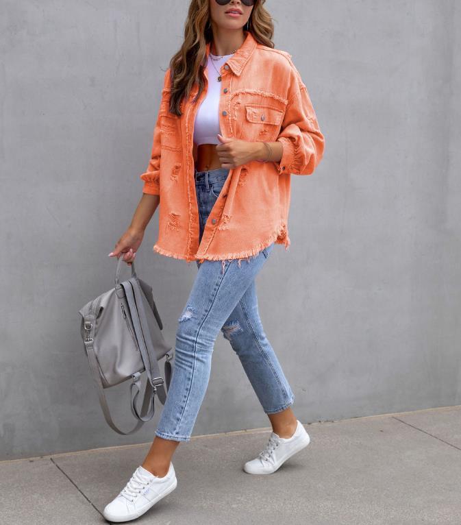 Veste en jean légère effilochée surdimensionnée pour femme, boutonnée, déchirée, en détresse