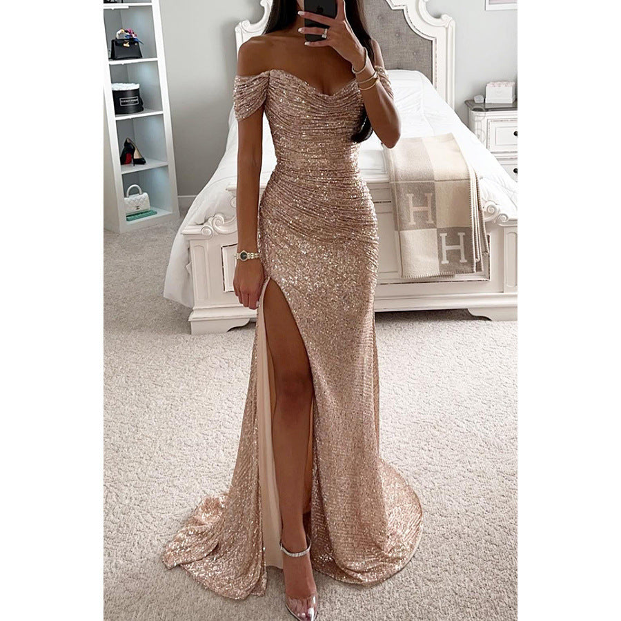 Robe fendue à paillettes, col rond, tenue de soirée décontractée, à la mode, pour femmes