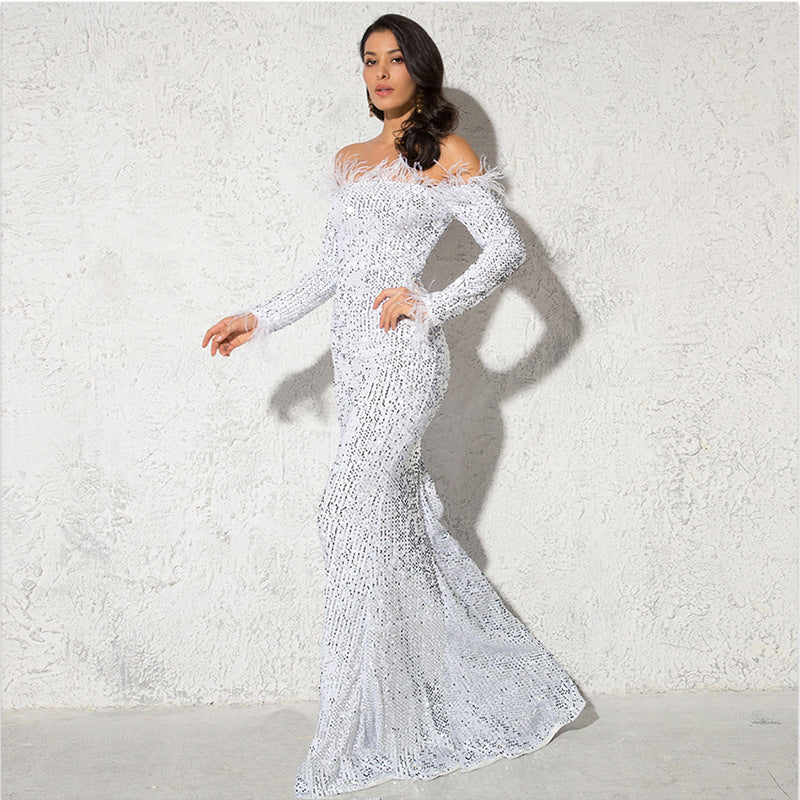 Off-shoulder fisktail-festklänning