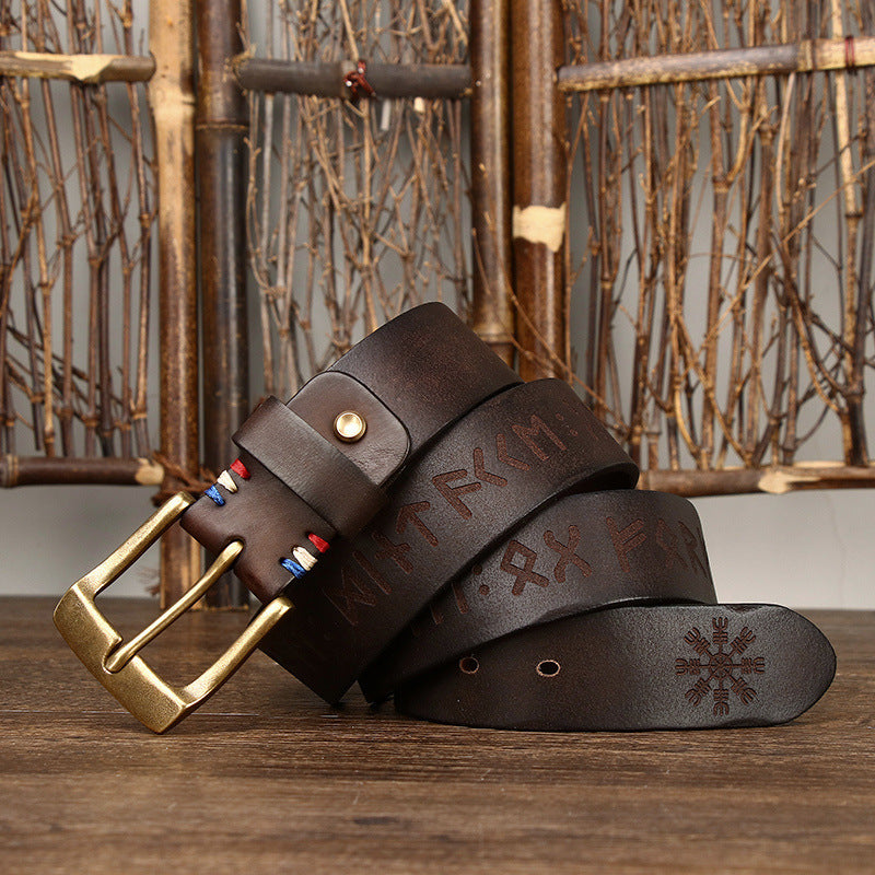 Men's Retro Laser Engraving Cowhide Brass Buckle Belt - Artistic Distinction