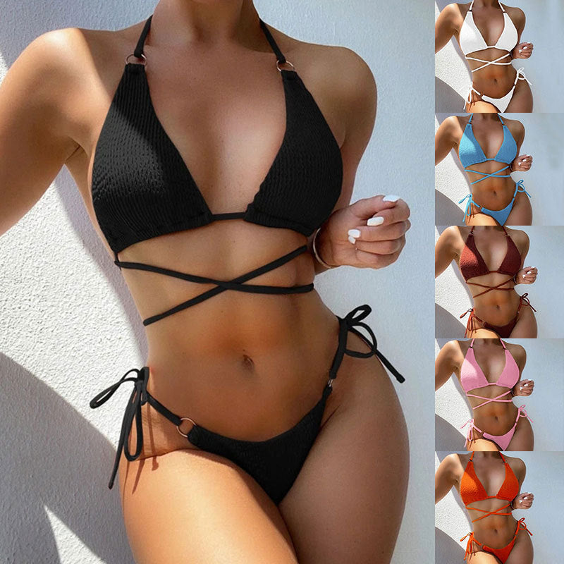 Professional Women's Bikini Split Swimsuit - Polyester (Stripes Solid Color High Waist, Sexy Backless, S-XXL, Swimming Wading, Chest Pad Support)