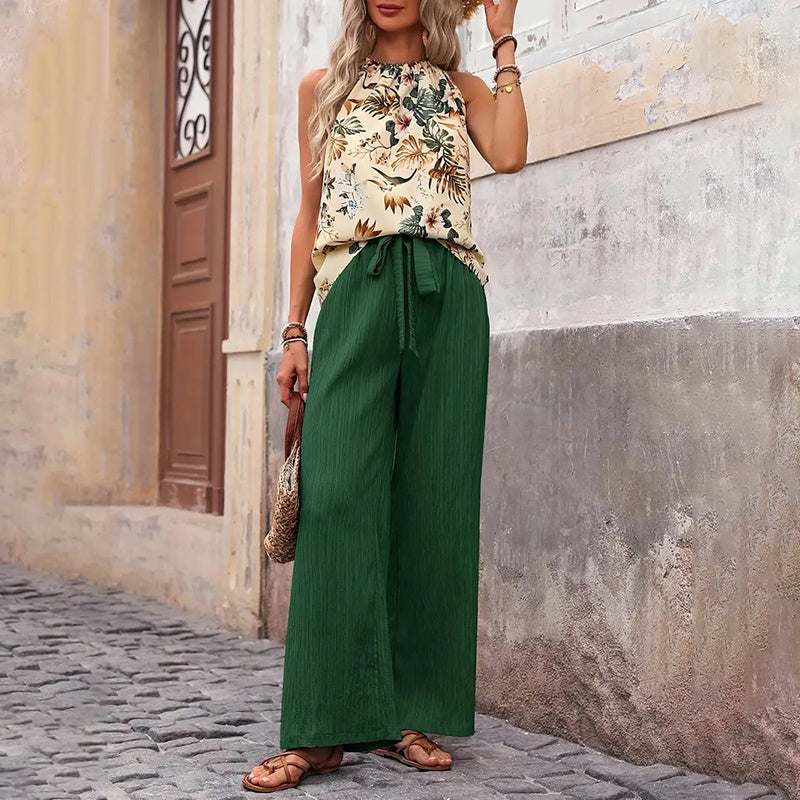 Damkläder med två delar, sommar, casual, ärmlös, halterneck, crop tops, vida ben, set med byxor