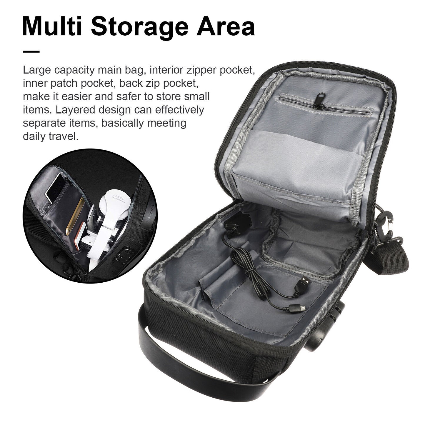 Sacs à bandoulière multifonctions Oxford imperméables pour hommes Sacs à bandoulière antivol Sac de poitrine à bandoulière pour homme Sac à bandoulière étanche antivol Sac à dos Pack USB