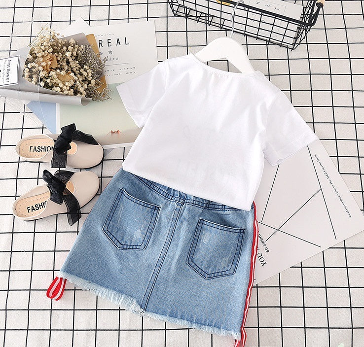 Vêtements pour enfants T-shirt blanc Jupe en jean 2pcs Costumes pour filles