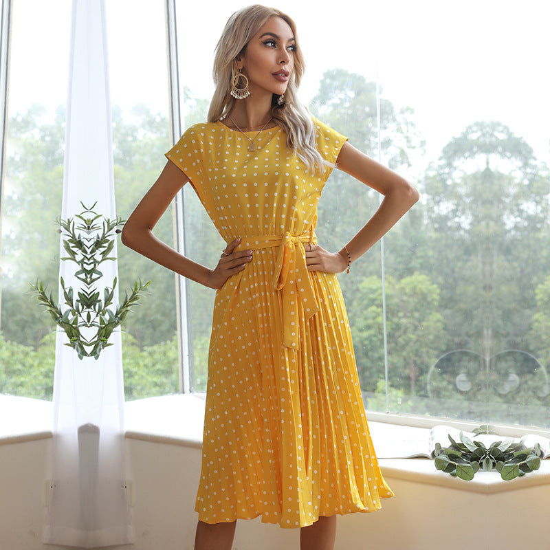 Sommar kvinnor Polka Dot Kort ärm klänning Casual Bandage Party Plissé Midi Klänningar Elegant grön kontor Lady Kläder Klädd