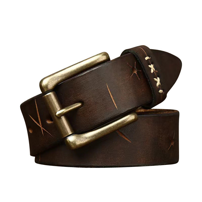 Men's Washed-Out Vintage First Layer Cow Leather Pin Buckle Jeans Belt - Authentic Character