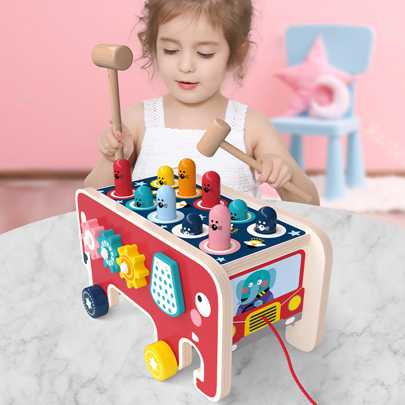 Montessori Children Wood Hammering Bench Animal Bus Toys Early Education Set Gifts for Kids Musical Instrument