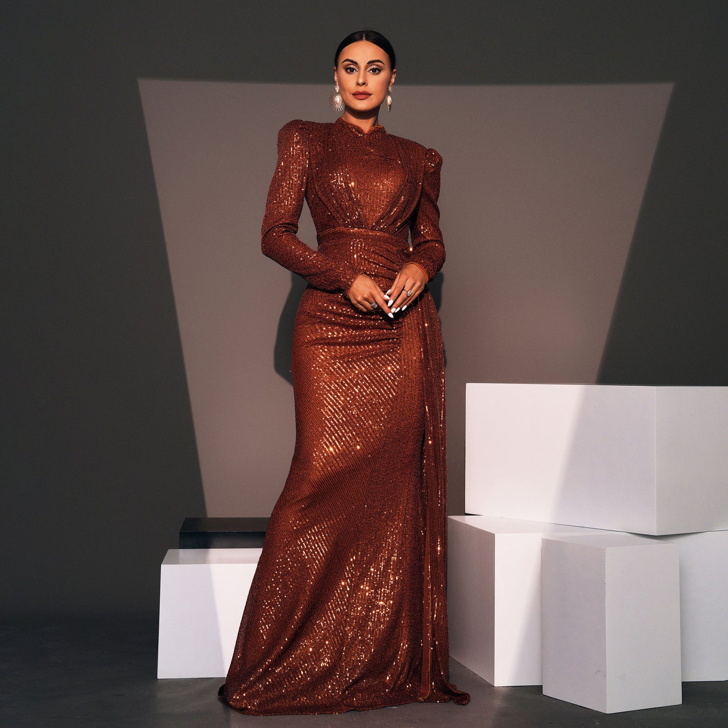 Long Sleeve Round Neck Sequined Banquet Dress - Hip Skirt Temperament Commute - Premium Polyester