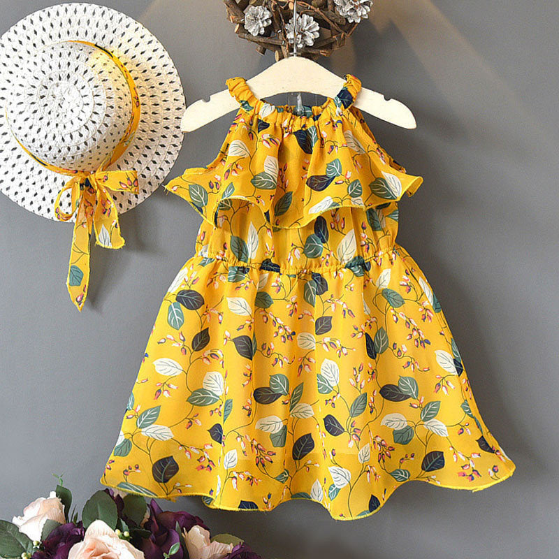Robe pour enfants filles feuille en mousseline de soie sans manches vacances bohème