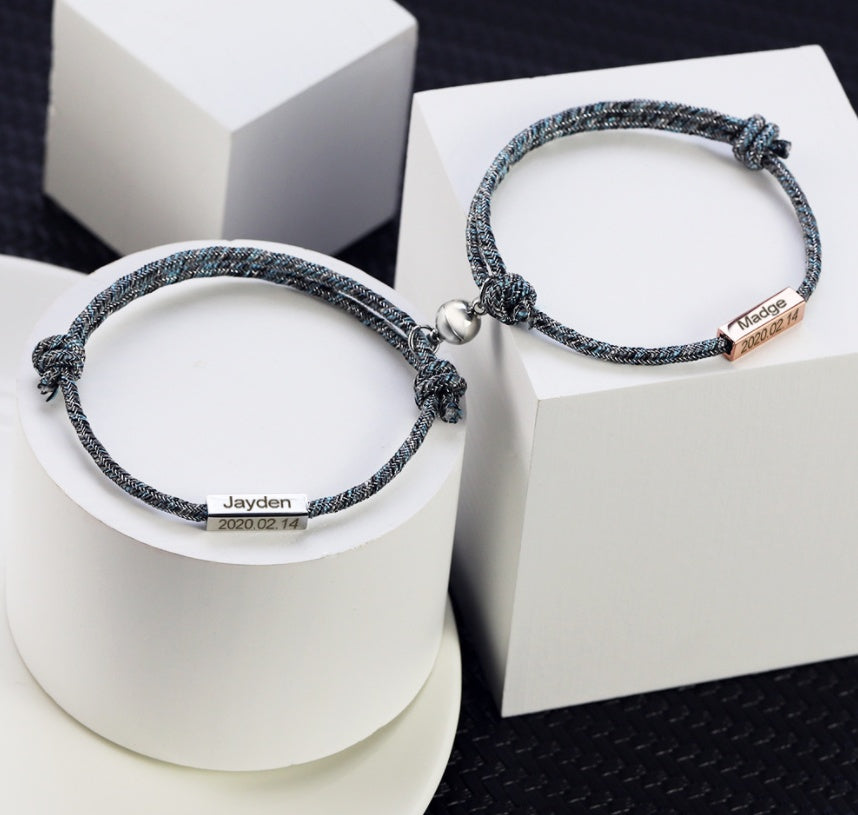 Custom Name Bracelet - Promise of Eternal Love - Magnet Attracting Each Other - Stainless Steel Pair