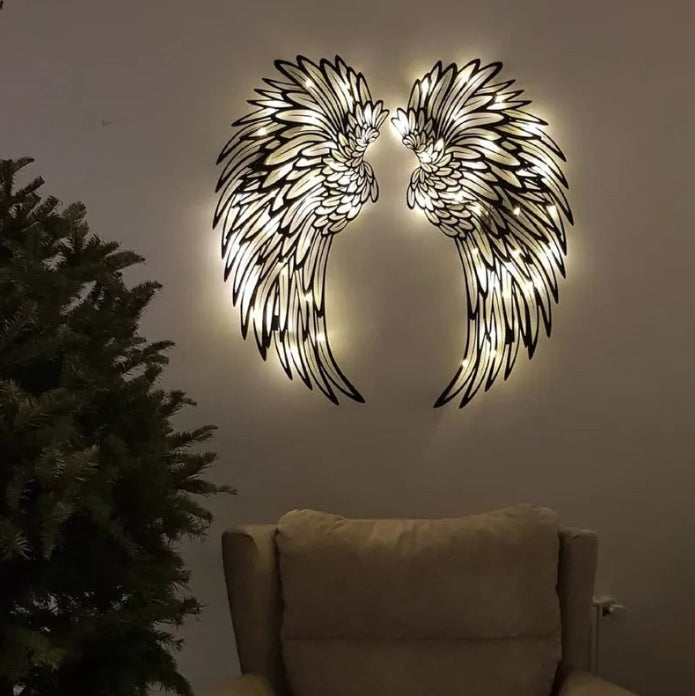 Art de décoration murale en métal sculpté avec décoration légère d'ailes d'ange