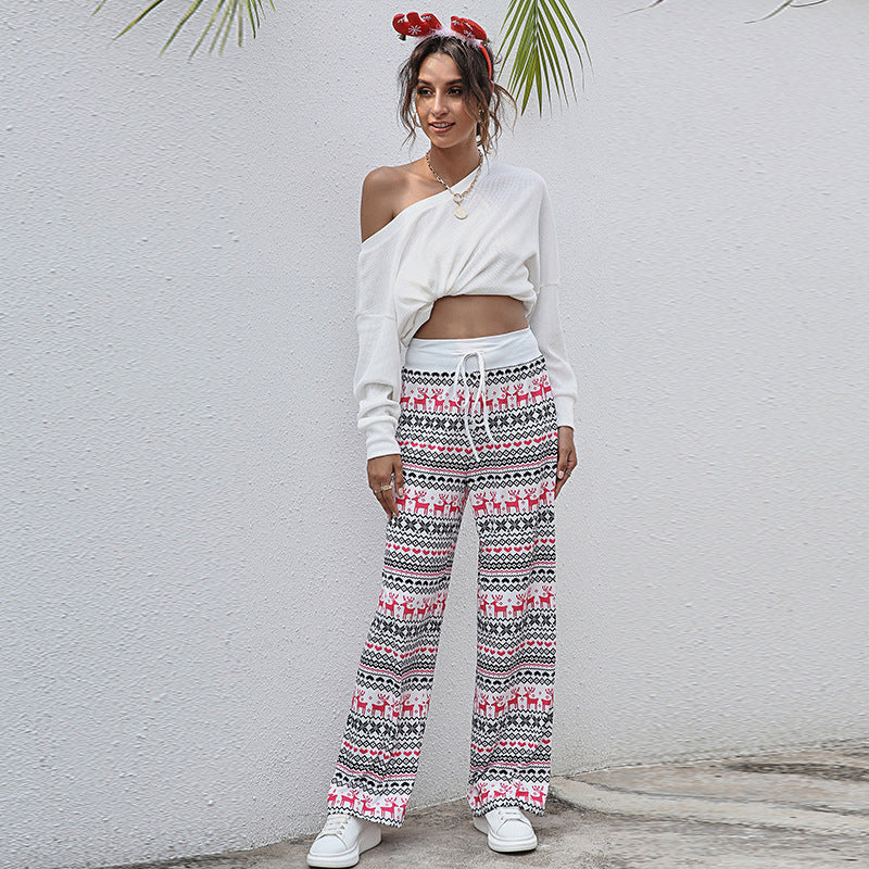 Christmas Print Pants Women Fashion Casual Drawstring Trousers With Christmas Snowflake Tree Elk Print - Holiday Spirit
