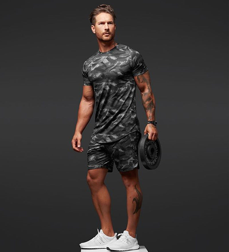 Tvådelad kortärmad kostym Fitness Fritid Kamouflage Sportkläder