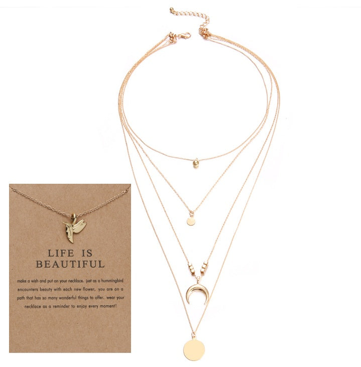 Multi-Layer Moon Pendant Necklace for Women Bohemian Wafer Elegant Necklace