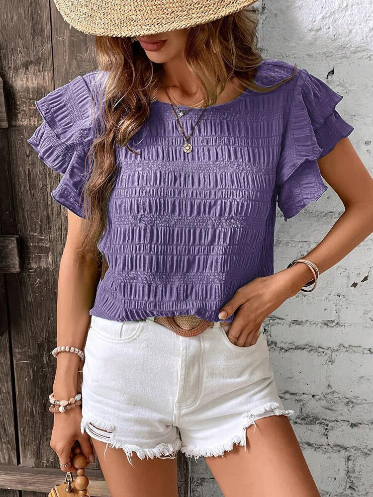 Summer Ruffled Short-sleeved T-shirt - Casual Round Neck Pleated Design Top For Women Clothing