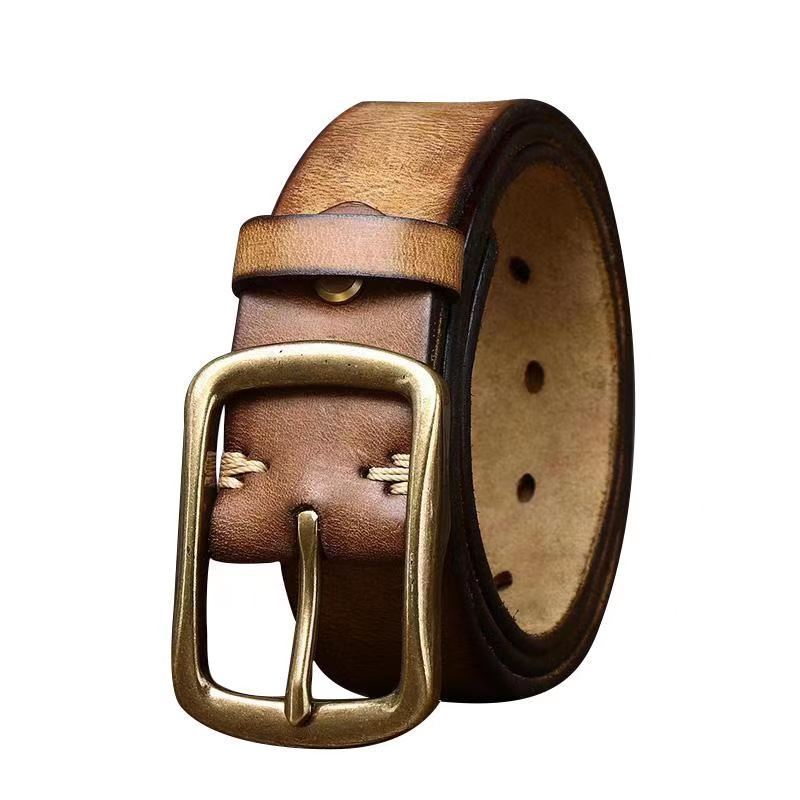 Men's Cowhide Vintage Distressed Pleated Brass Buckle Belt - Weathered Heritage