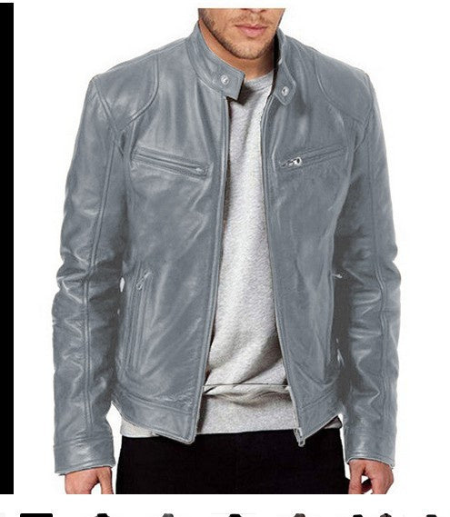 Gentlemans Varm Blixtlås Cardigan Pocket Dekorerade Pu Läder Rocka