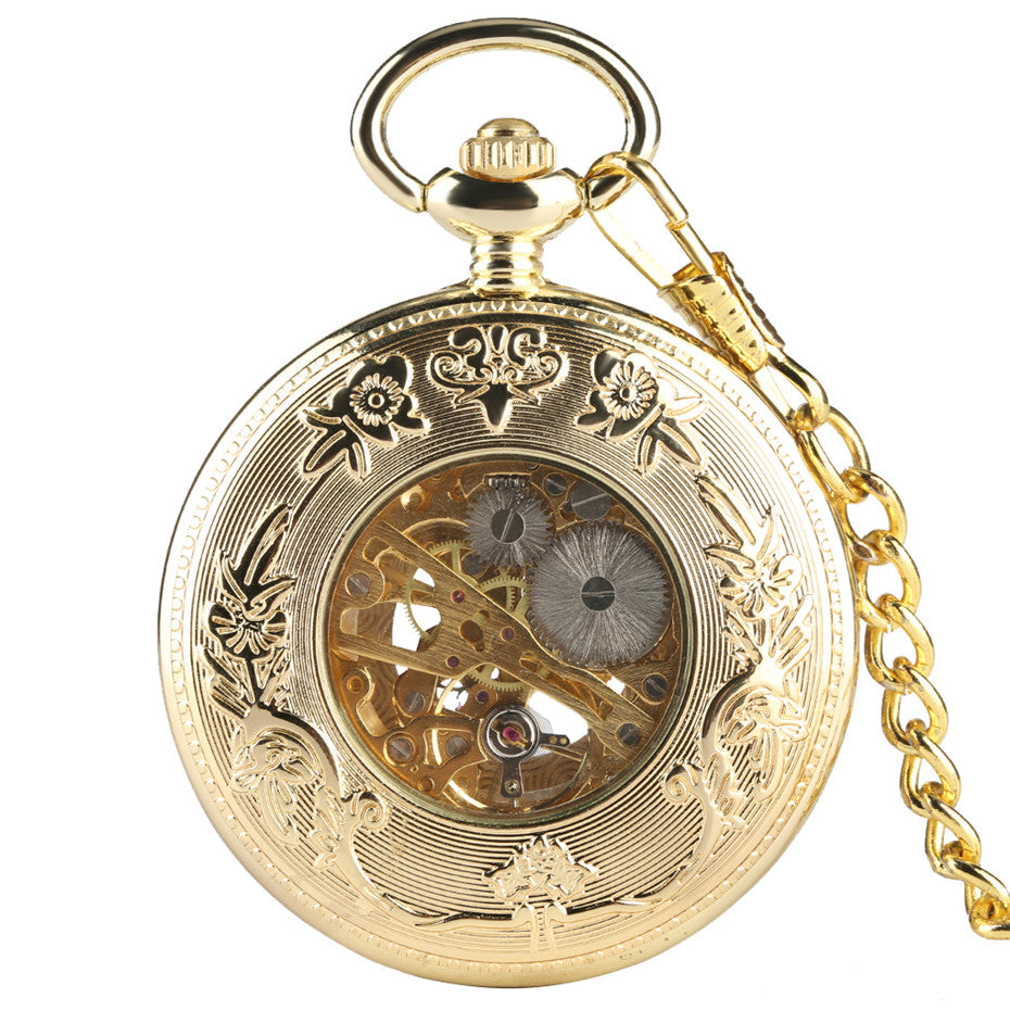 Fashionable Golden Roman Characters Hollow-Out Petals Retro Mechanical Pocket Watch - Elegant Sophisticated Intricate Luxurious