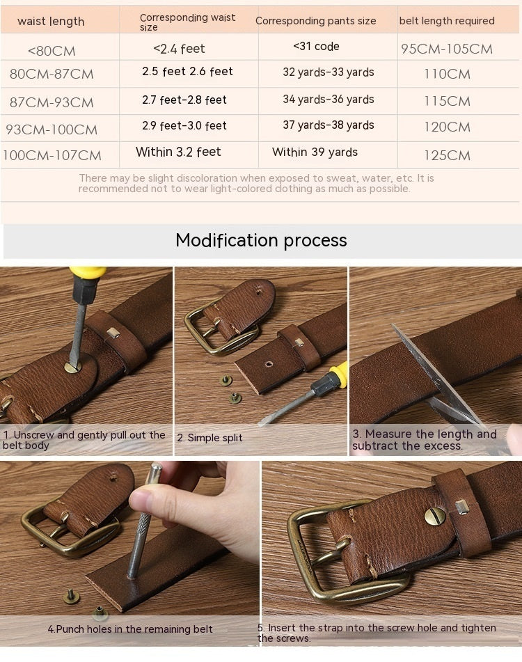 Men's Retro Washed Matte Top-Grain Leather Brass Buckle Belt - Sophisticated Texture