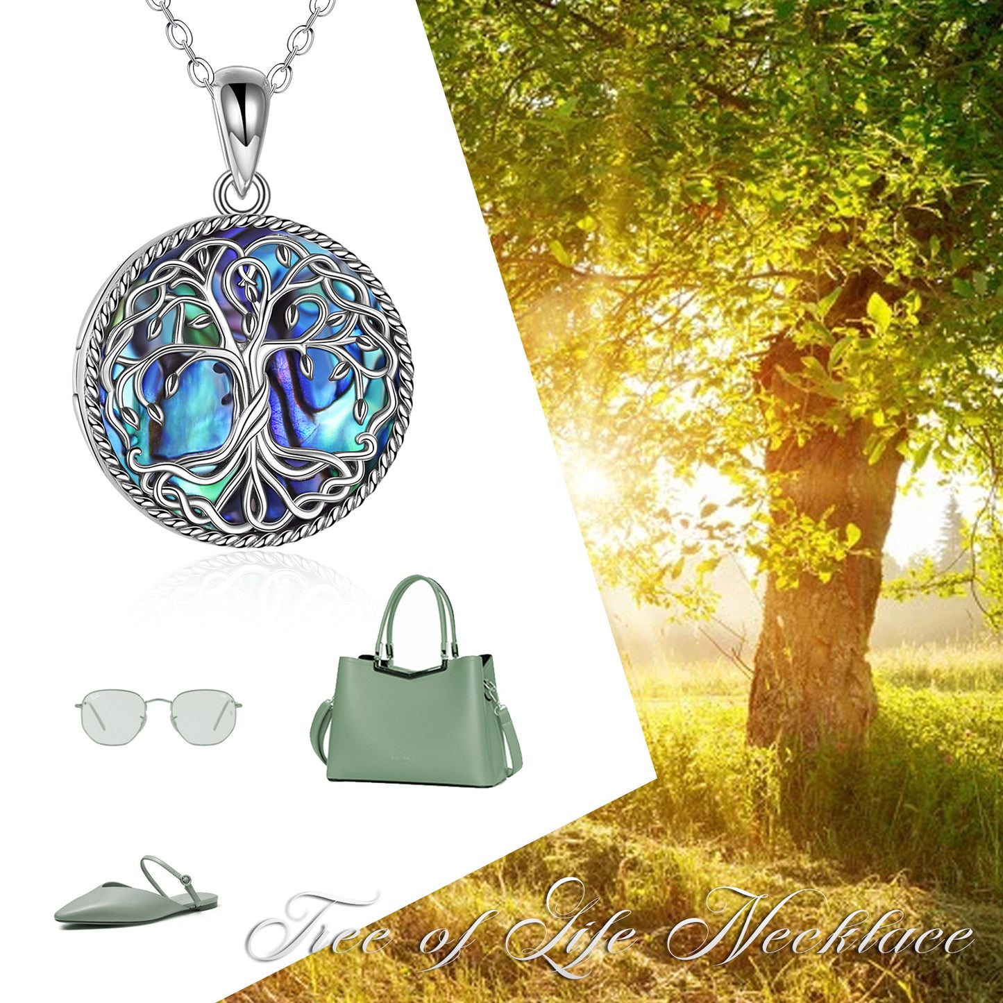 Livets träd medaljong halsband smycken för kvinnor sterlingsilver keltiskt släktträd abalone snäckskal medaljong smycken gåvor för mamma dotter