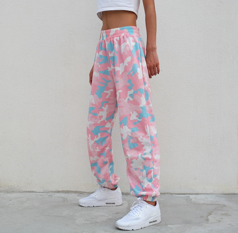 NCLAGEN 2021 Nya kvinnor rosa camouflage Skriv ut byxor Loose Harem Camo byxor Spring High Midja Casual Joggers Elastisk S Vetbyxor