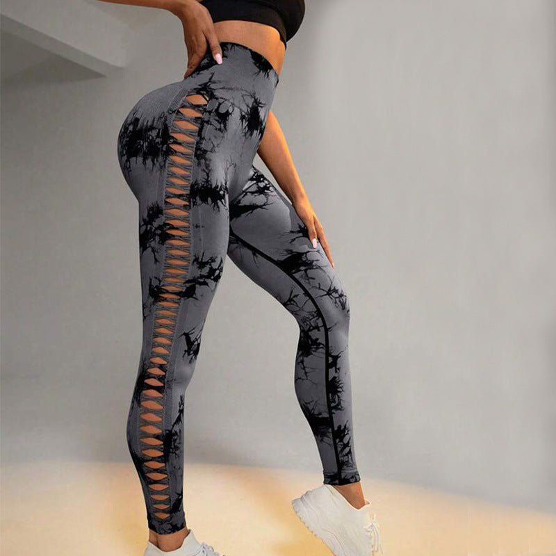 Hollow Tie Dye tryckta yogabyxor Hög midja rumplyft Sömlös Sport Gym Fitness Leggings Slimbyxor för kvinnor Tighta byxor