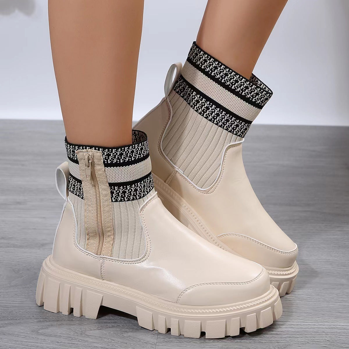 Women's Knitted Patchwork Martin Boots with Zipper