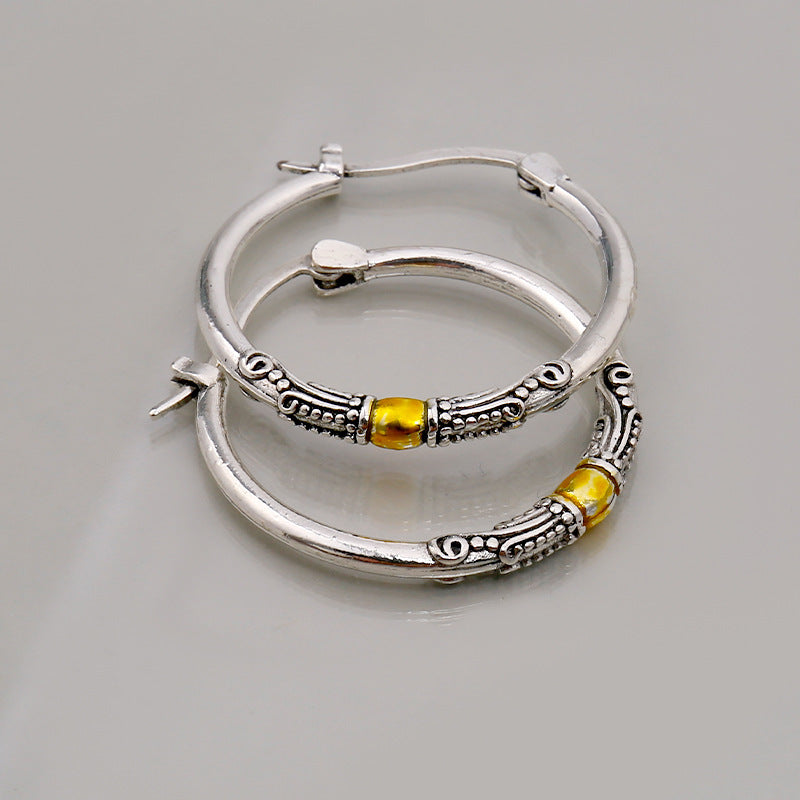 Retro Two-color Ring Earrings Carved Pattern Personality