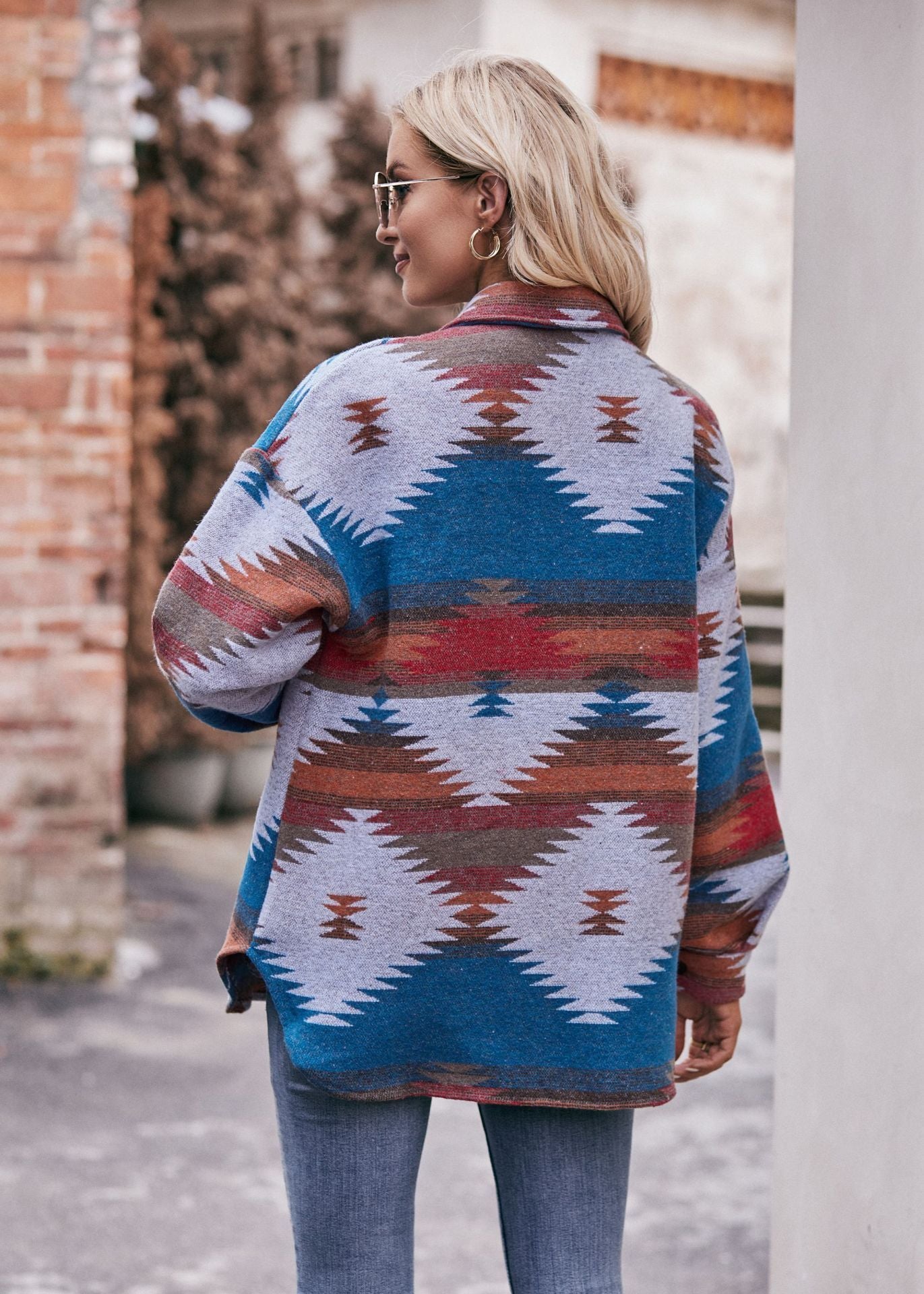 Geometric Print Jacket Shirt Winter Stand Collar Coats With Pockets Women's Outwear - Modern Versatile Flattering Practical