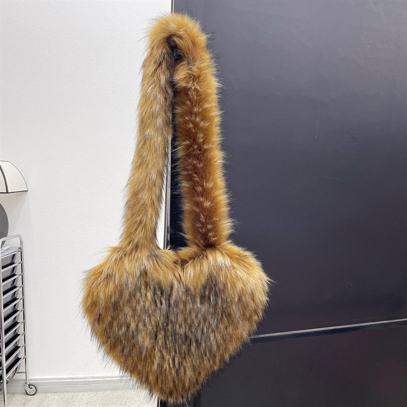 Sacs à bandoulière en polaire d'hiver pour femmes, sac à bandoulière en forme de cœur en peluche, sac d'amour de grande capacité