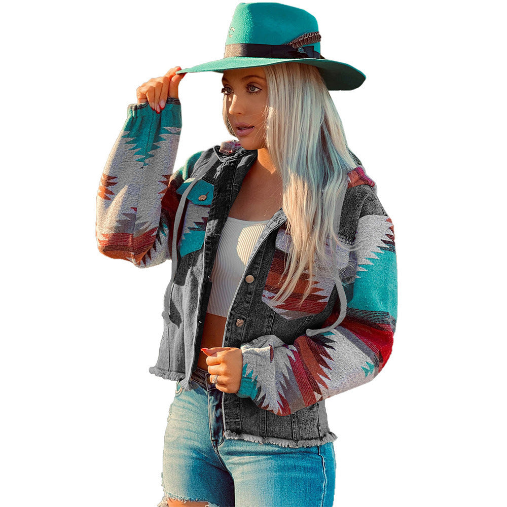 Western Style Denim Stitching Hooded Jacket Multi-Color Printed Frayed Hem Jacket - Edgy High-Quality Stylish Cozy