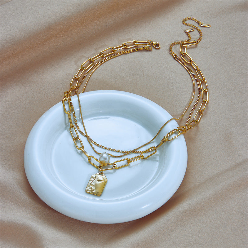Modesmycken Layered Face Porträtt Kedja Choker Halsband För Kvinnor Eleganta Pärlor Hänge Halsband Smycken Tillbehör