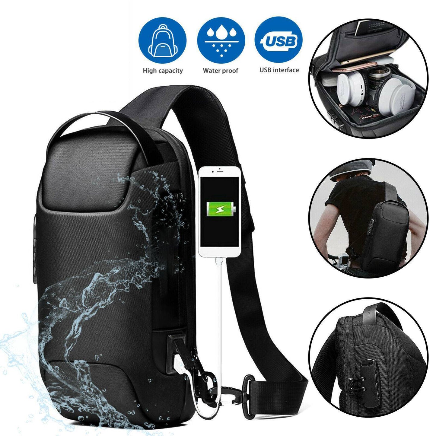 Sacs à bandoulière multifonctions Oxford imperméables pour hommes Sacs à bandoulière antivol Sac de poitrine à bandoulière pour homme Sac à bandoulière étanche antivol Sac à dos Pack USB