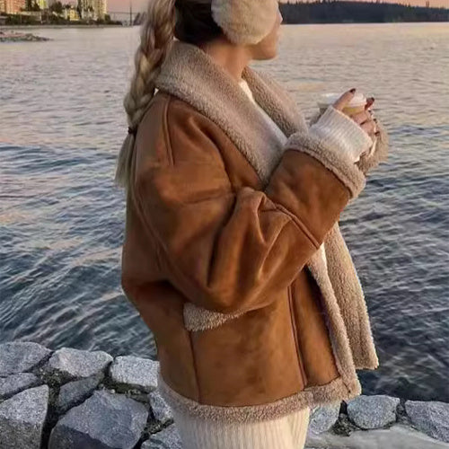 Lapel Woolen Coat With Pockets - Winter Fashion Loose Suede Short Top Women's Clothing