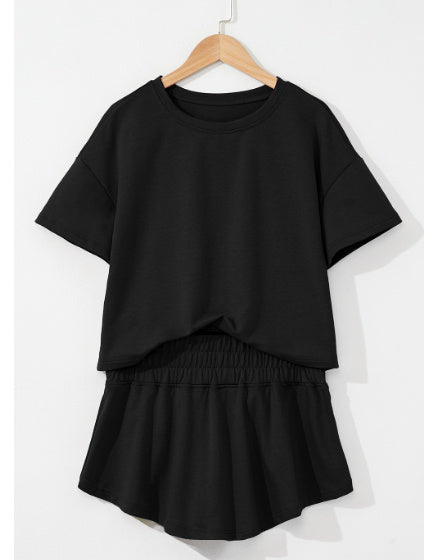 Black 2pcs Cropped Tee And Ruffle High Waist Skort Set
