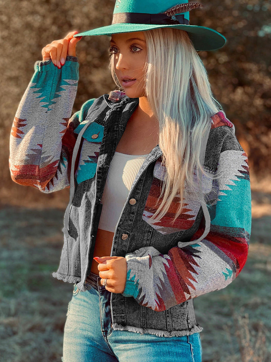 Western Style Denim Stitching Hooded Jacket Multi-Color Printed Frayed Hem Jacket - Edgy High-Quality Stylish Cozy