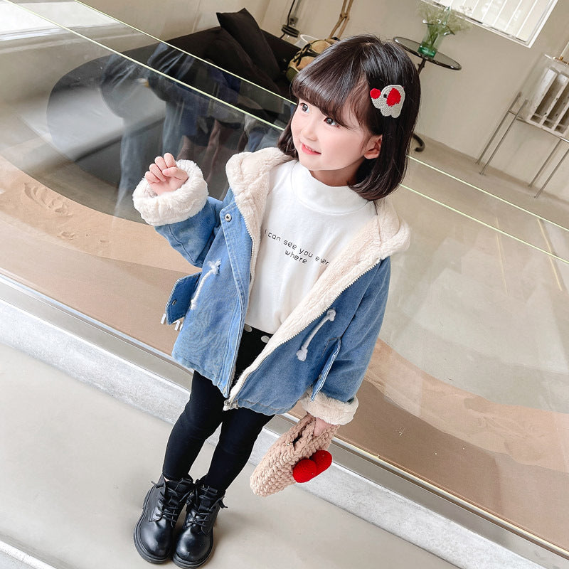 Veste en jean fille bébé fille Plus velours épaississement