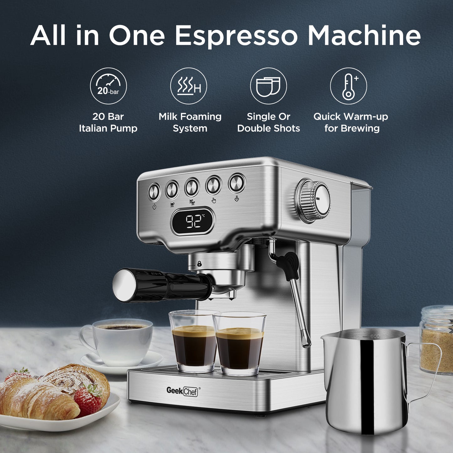 Geek Chef Espressomaskin, 20 bar espressomaskin med mjölkskummare för latte, cappuccino, macchiato, för hemmabruk, 1,8 liters vattentank, rostfritt stål, förbud mot Amazon