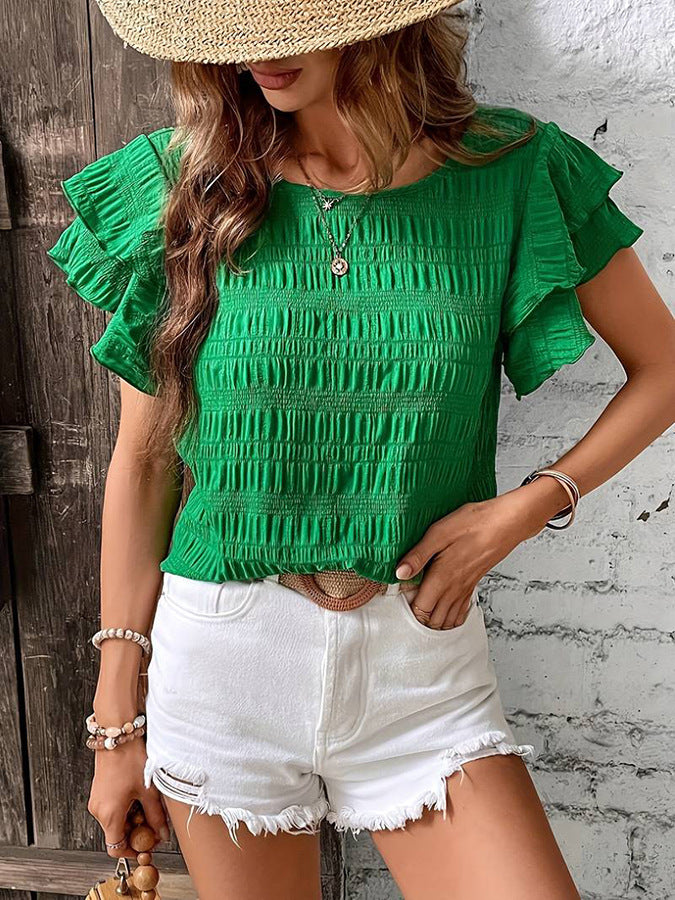 Summer Ruffled Short-sleeved T-shirt - Casual Round Neck Pleated Design Top For Women Clothing