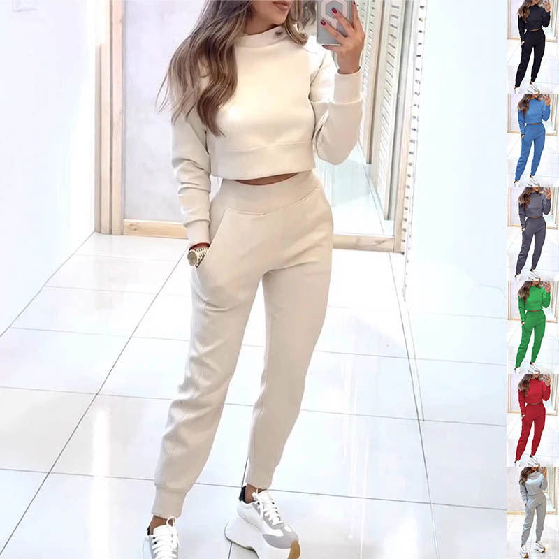 Stand Collar Sportkostym Moderiktig Tröja Långärmad Kort Topp Och Smal Byxa Med Fickor Enfärgade Outfits Damkläder