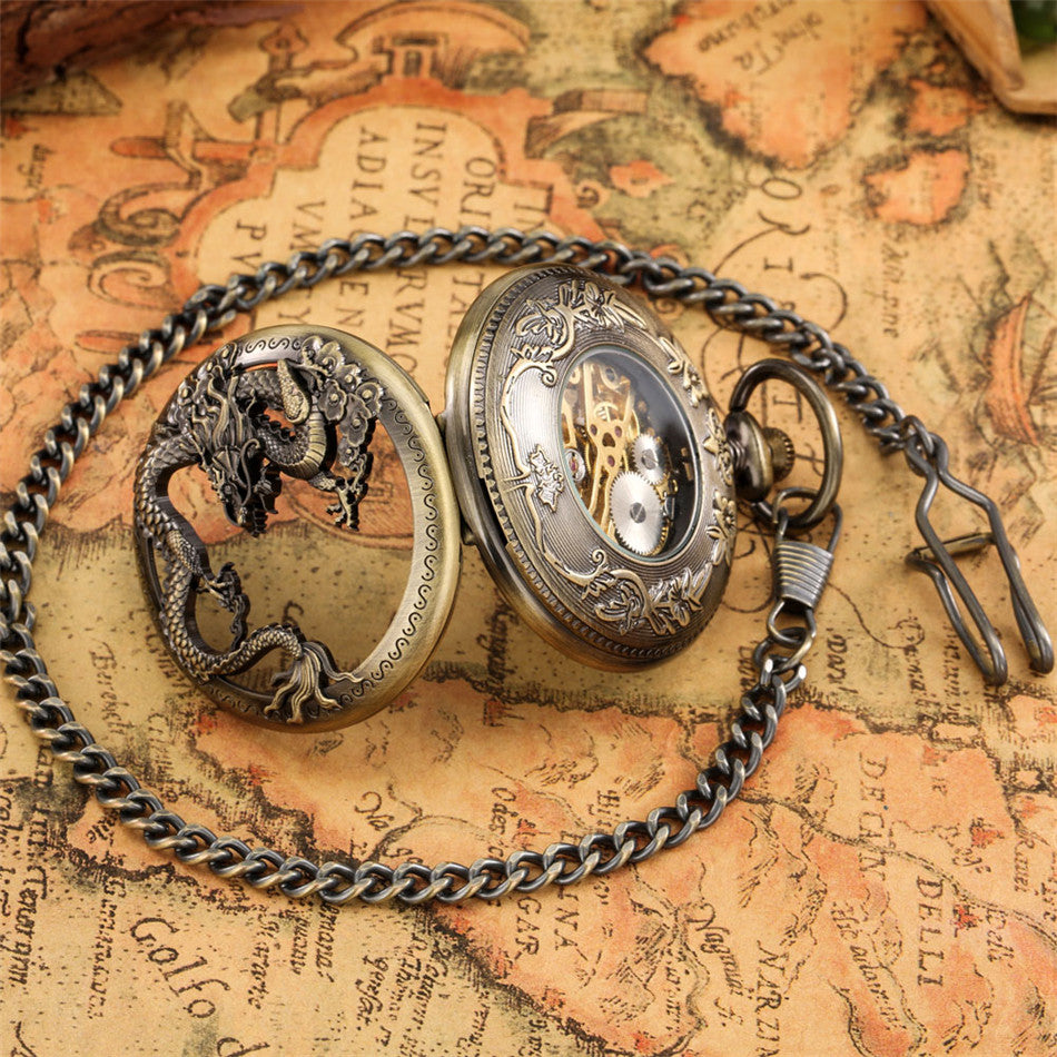 Retro Design Hollow Dragon Roman Literal Manual Manipulator Pocket Watch - Mythological Intricate Classic Precise Unique Craftsmanship