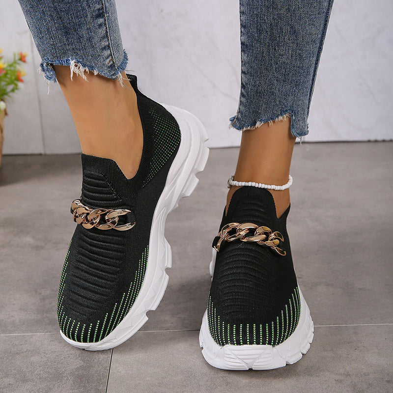 Modekedja Design Mesh Skor För Kvinnor Andas Casual Mjuk sula Gåstrumpa Slip On Flat Shoes