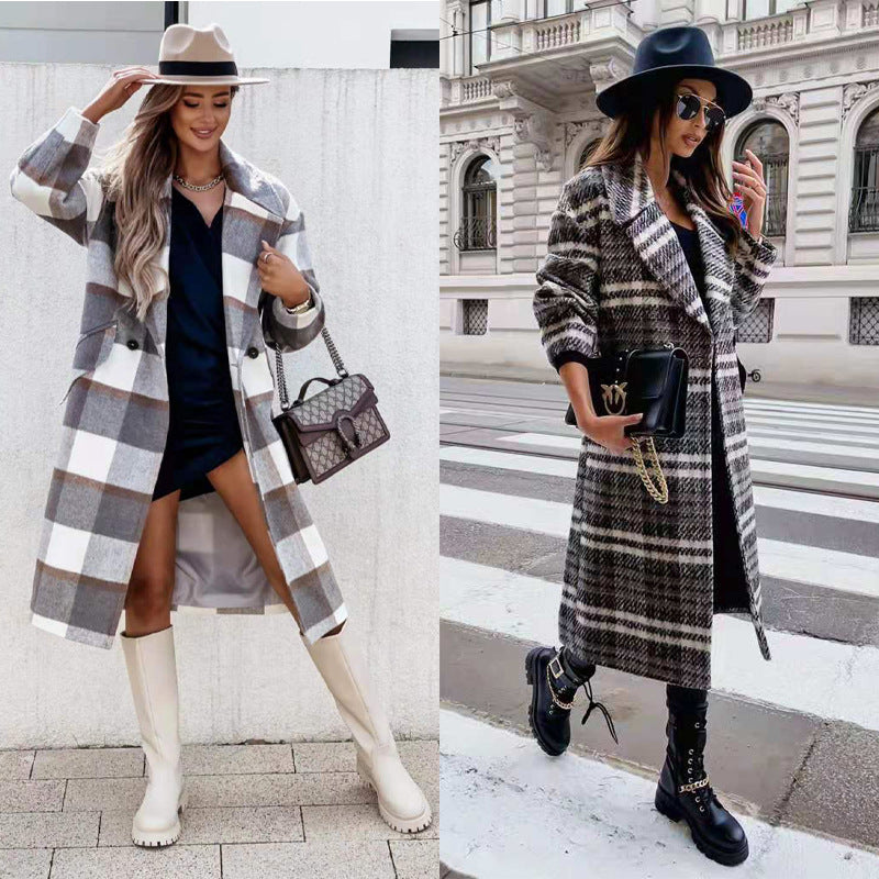Checked Mid-Length Coat Lapel Tie Wool Coat