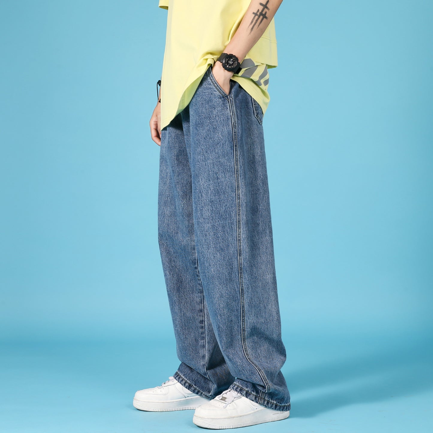 Raka Lösa Jeans Herr Fritidsbyxor Hip Hop Cargo Denim Byxor Med Dragkedja