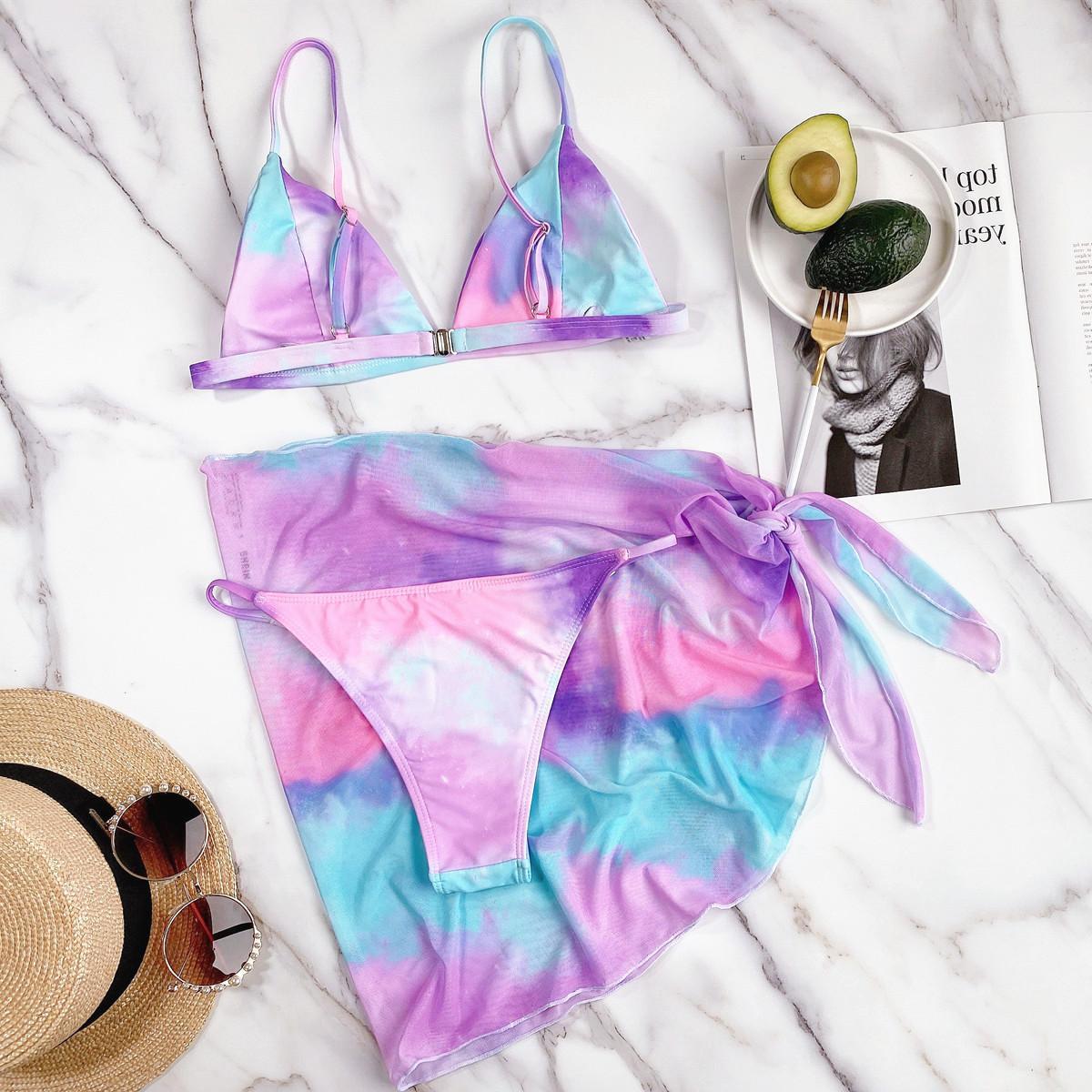 Professional Women's Swimwear Triangle Micro Bikini Set - Polyvinyl Alcohol Fiber (S-L, Lattice Pattern, Fluorescent Tie-Dye, Chest Pad Support)
