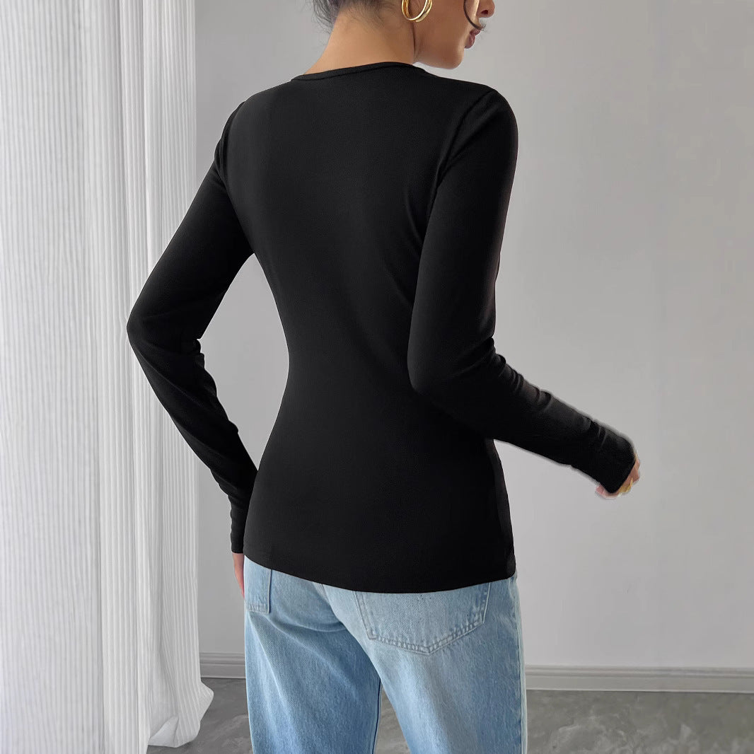 Dam Ihålig Rose Metall Dekorativ Svart Tight Långärmad T-shirt