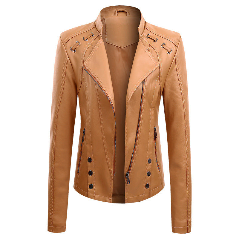 New Spring And Autumn New Leather PU Leather Jacket Women's Short - V-Neck Zipper Conventional Sleeve