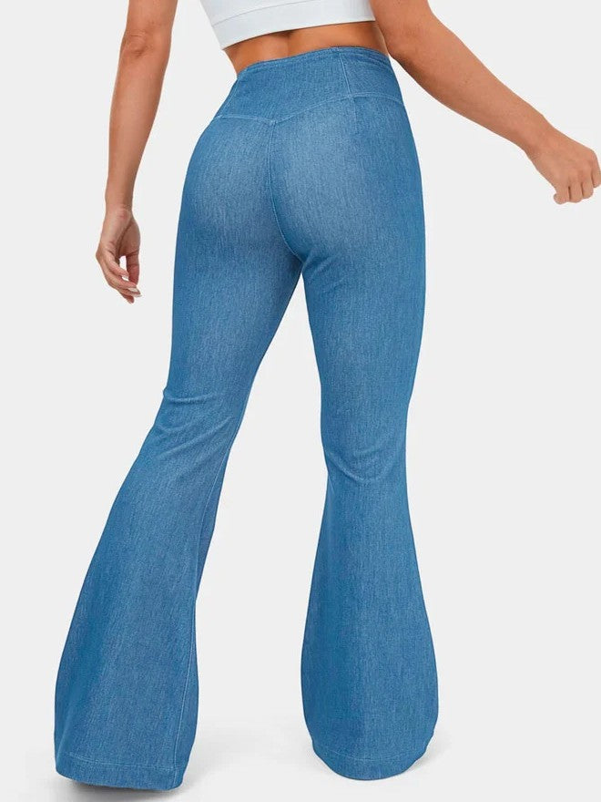 Enfärgad hög midja Cross Stretch Denim Casual Sports Bell-bottom byxor